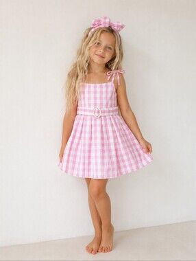 Barbie Inspired Girls Size 5/6 Pink Gingham Dress-Up Costume Matching Bow + Belt